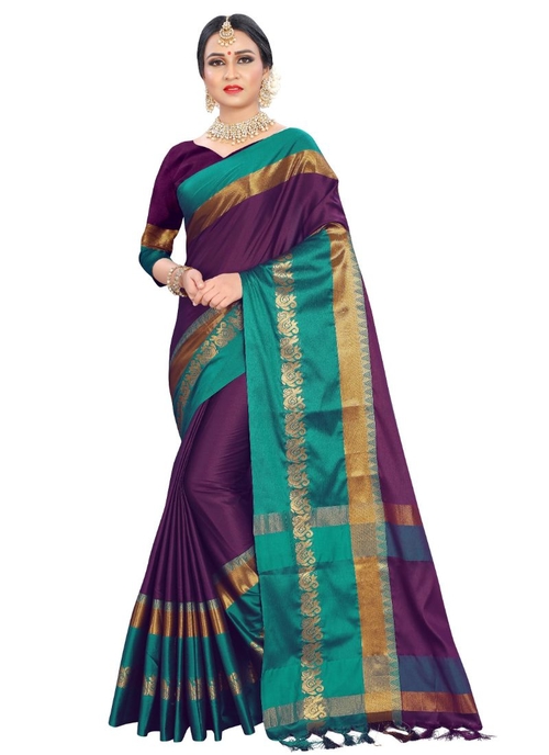 Generic Women's Cotton silk Saree (Purple, 5-6