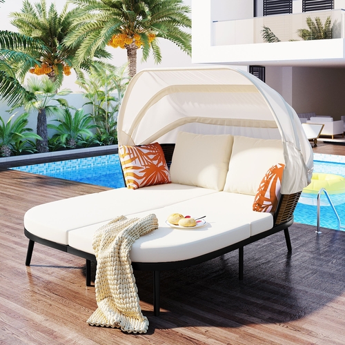 74.8" L Patio Daybed with Retractable Canopy, Outdoor Rattan PE Wicker