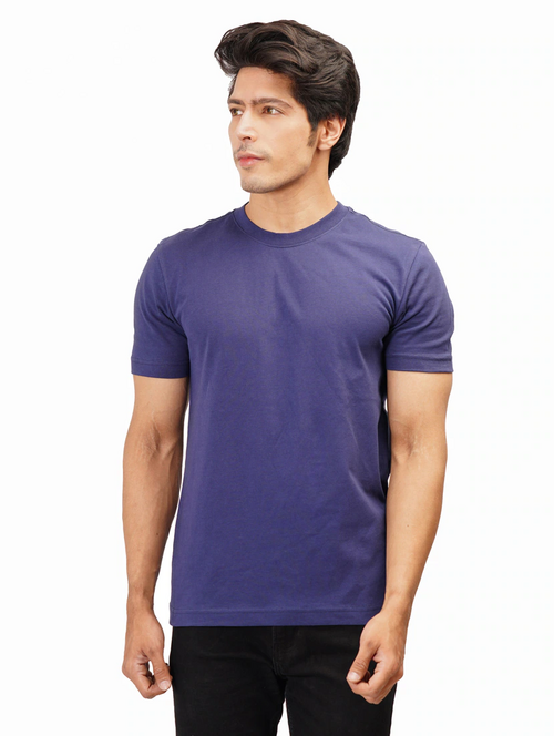 Men Solid Half Sleeves Round Neck Cotton Navy Blue T-Shirt (Size M)
