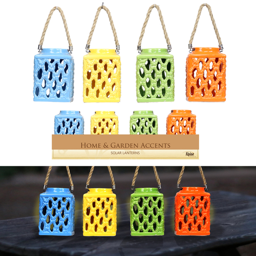 Alpine 8015846 LED Ceramic Solar Hanging Lantern - Assorted Color,