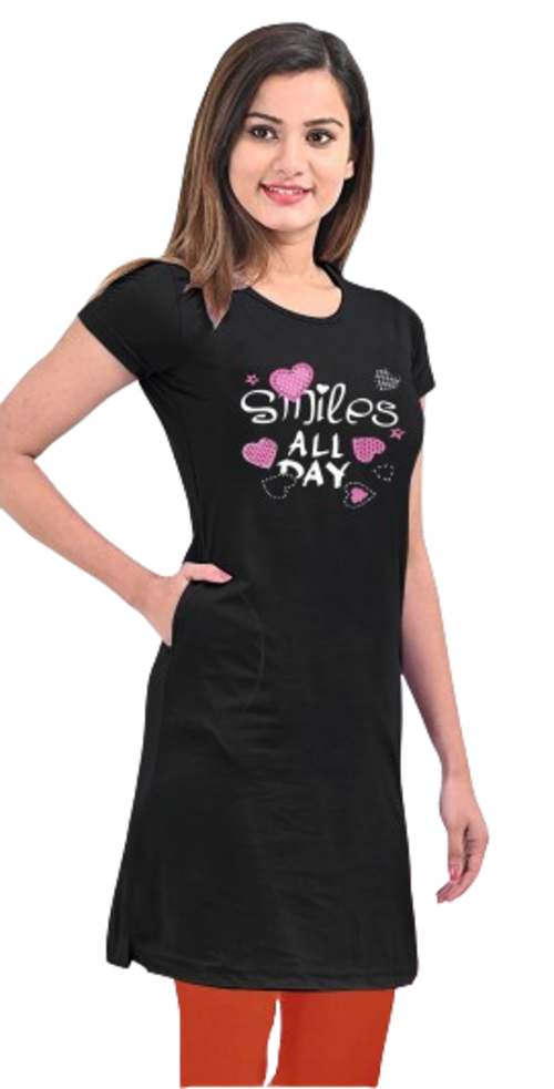 Women's Black Long Round Neck Tshirt with Two Size Cut Size M