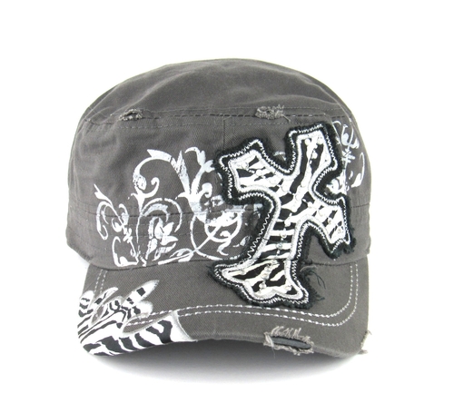 Savana No.38 GY Zebra Cross & Stone Accent Patch Army Hat, Grey