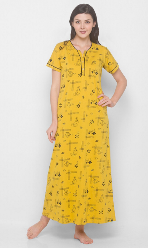 Women Printed Pure Cotton Maxi Nightdress Yellow(Size S)