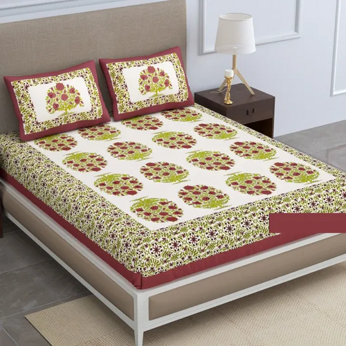 Brown Jaipuri Cotton Double Badsheet with Two Pillow Cover (Size