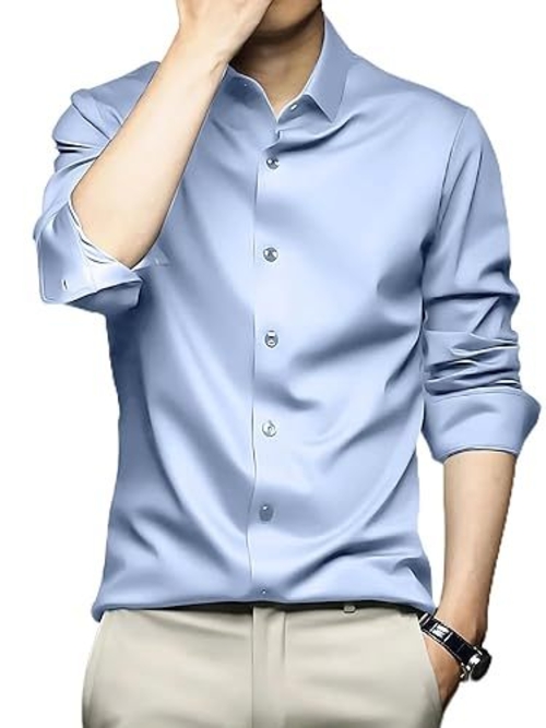 Men Regular Fit Full Sleeve Satin Silk Shirt (Size-L) (Color-SKY BLUE)