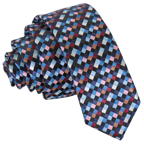 Chequered Geometric Skinny Tie - Black with Blue, Burgundy and Bronze
