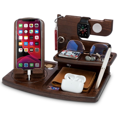 Wood Rotating Swivel Phone Docking Station with iPhone Watch Ash Key