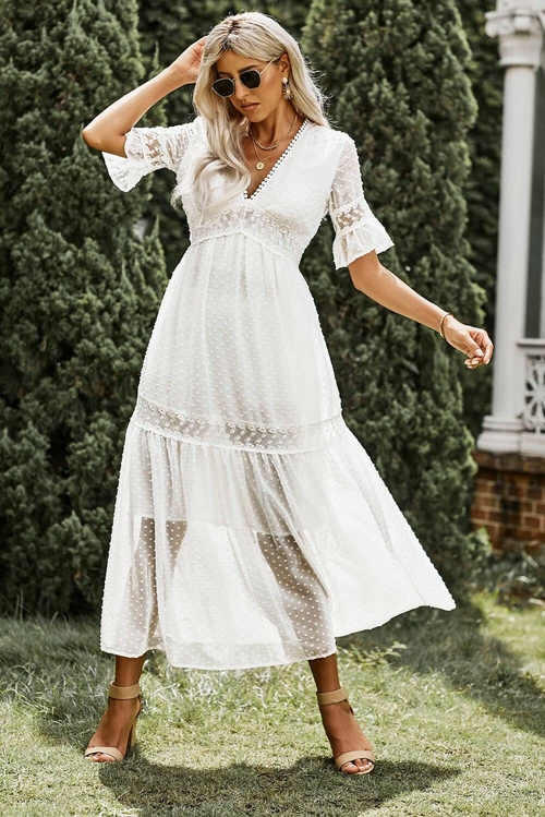 White Trim V Neck Boho Maxi Dress