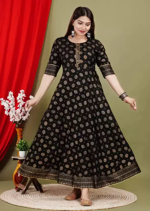 Women Printed Viscose Rayon Anarkali Kurta  (Black) size XL