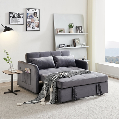 55.5" Twins Pull Out Sofa Bed  Grey Velvet