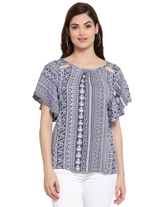 Women'S Ruffle Round Neck Top (Size-M) (Color-Blue)