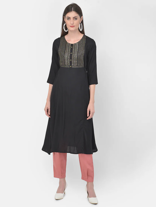 Embroidered a-line Flared kurta (Size-M) (Color-BLACK )