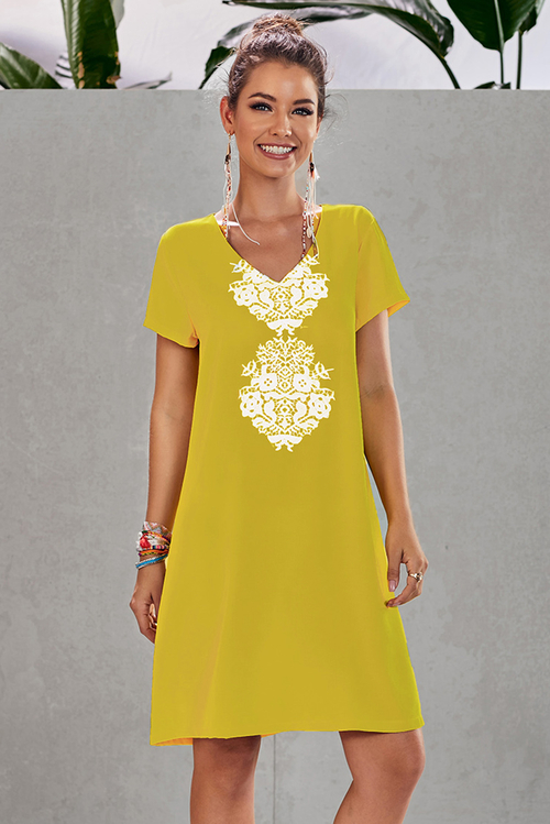 Yellow Summer Tribal Print V-Neck Shift Casual Dress