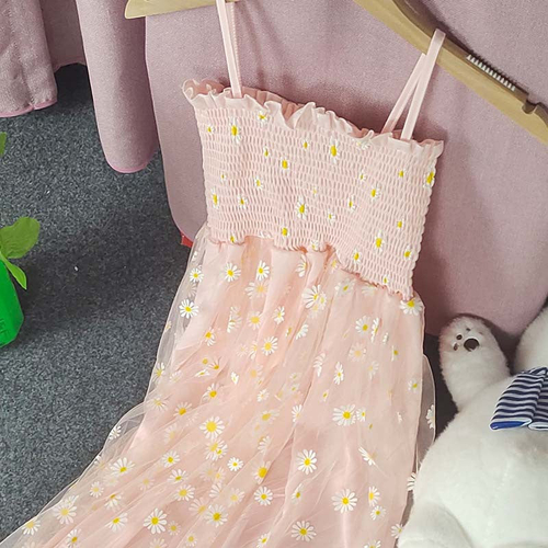 Super fairy daisy mesh suspender dress with women's pleats, waist