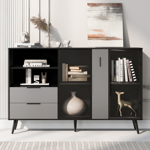 Featured Two-door Storage Cabinet with Two Drawers and Metal Handles,