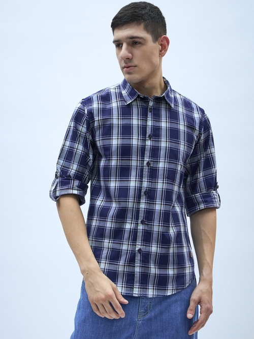Men's Cotton Checkered Casual Shirt (Color White & Navy) (Size M)