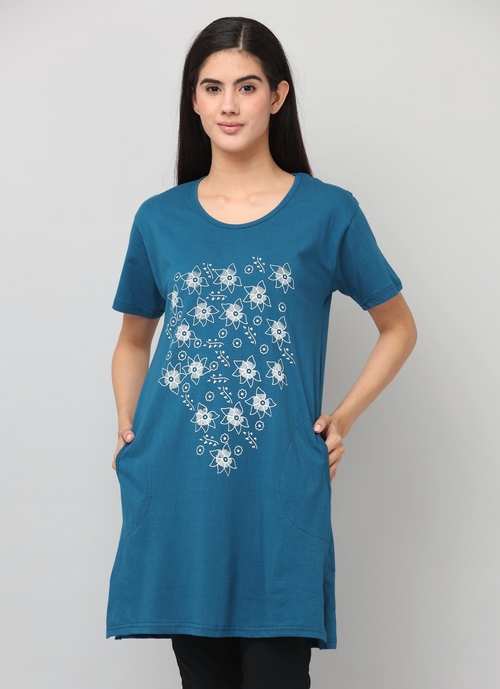 Women'S Half Sleeve Stylish  Round Neck Cotton Printed Long Tshirt