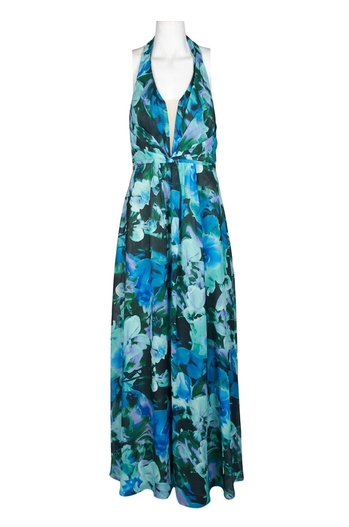 Cachet Halter Neck Open Back Pleated Floral Print Chiffon Dress