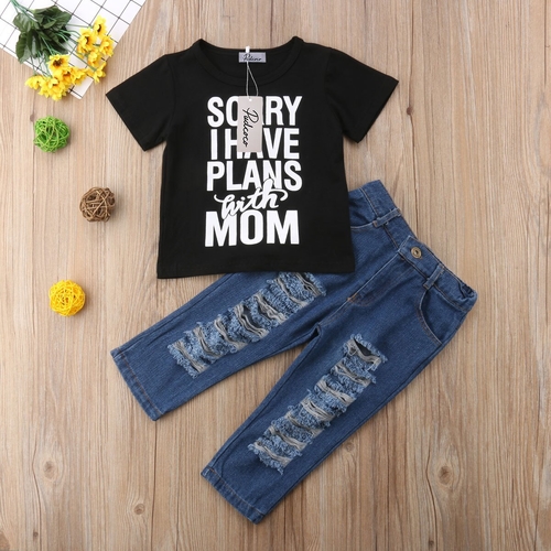 2pcs Fashion Kids T shirt Ripped Jeans Outfit