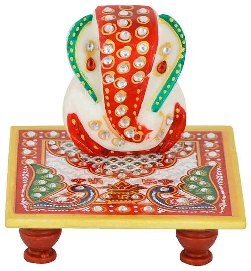 Marble Ganesh Chowki With Meenakari Work || 10Cm X 10Cm X 10 Cm ||