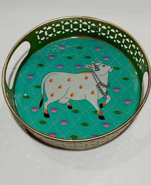 Round Cow Printed Metal Tray