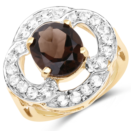 14K Yellow Gold Plated 3.87 Carat Genuine Smoky Quartz and White Topaz