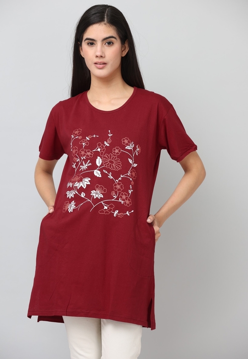 Women'S Stylish  Round Neck Cotton Printed Long Tshirt (Size-Xl)