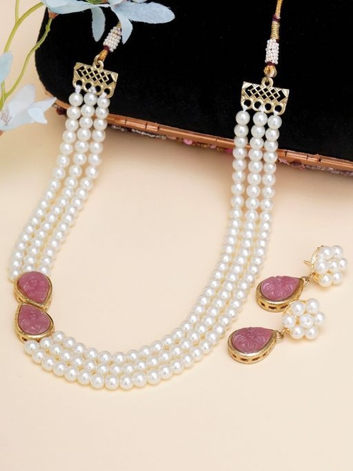 Pink Stone Studded Pearl Kundan Necklace Set for Women