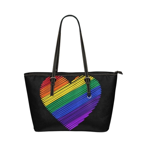 Large Leather Tote Shoulder Bag - Rainbow Heart Multicolor