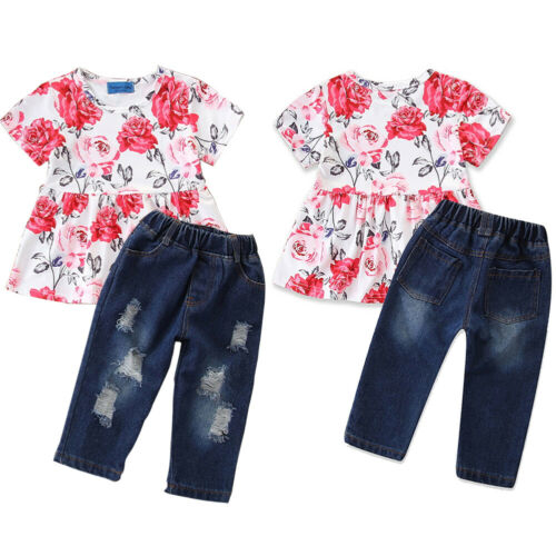 Toddler Kids Baby Girl Flower T-shirt Tops+Denim