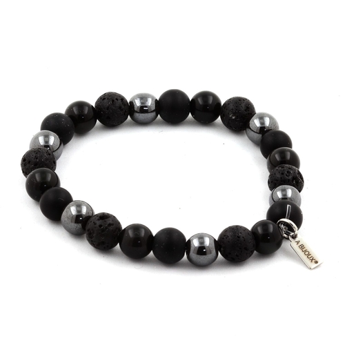 Black Obsidian + Matte Black Onyx + Lava + wood Bracelet 8 mm Beads.