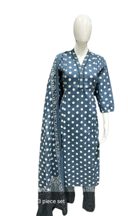 Women Polka Dot Print Cotton Kurta Set Size S Color Blue