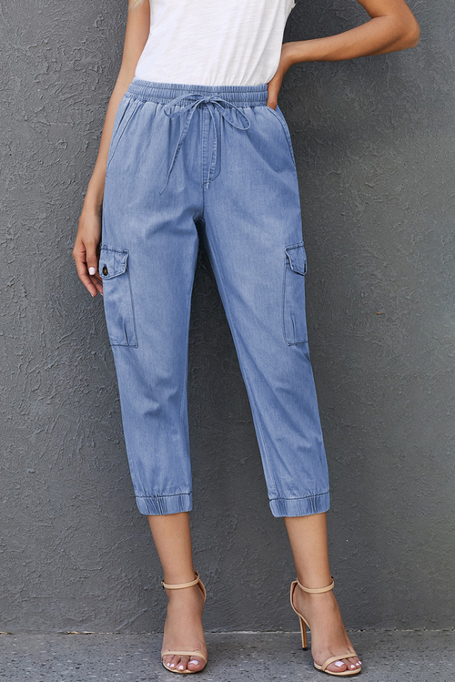 Sky Blue Drawstring Cargo Pocketed Joggers