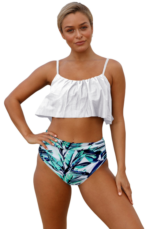 White Ruffle Top High Waist Bottom Bikini Swimsuit