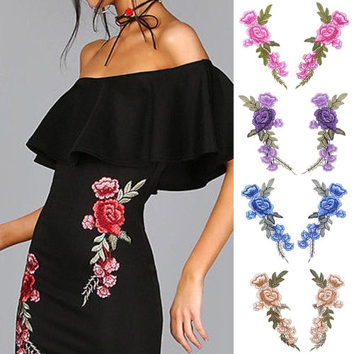 1 Pair Flower Red Rose Blossom Collar Sew on Patch