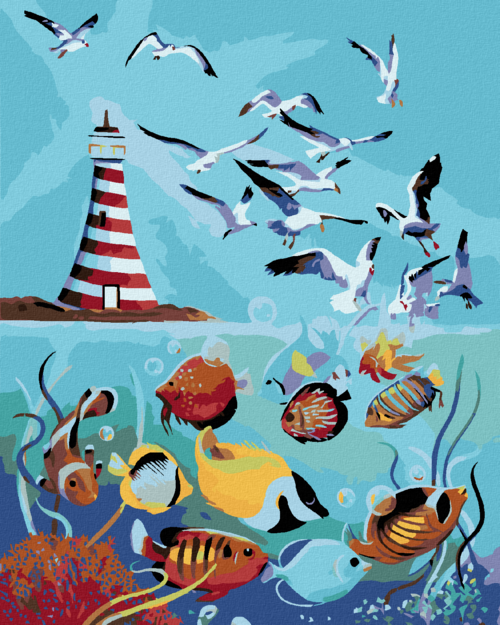 Zuty - Paint by Numbers - LIGHTHOUSE, SEAGULLS AND FISH (D. RUSTY