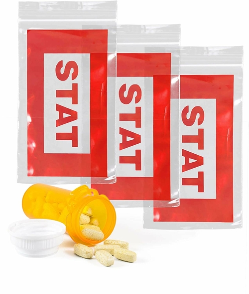 Pack of 1000 Red "STAT" Bags, Clear 5 x 8 Zipper Printed Bags with 2