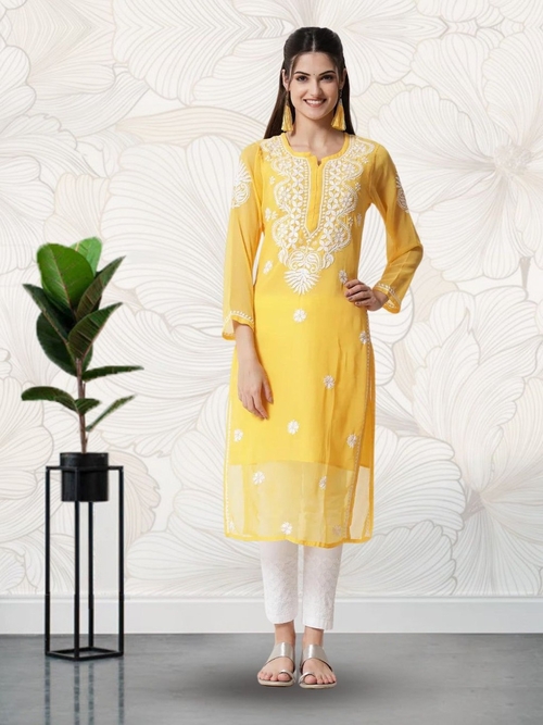 Hand Embroidered Georgette Straight Kurta Third Fourth Sleeve (Size-L)