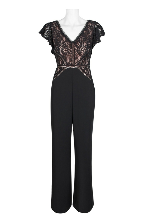 Taylor V-Neck Flutter Sleeve Lace Bodice Zipper Back Stretch Crepe