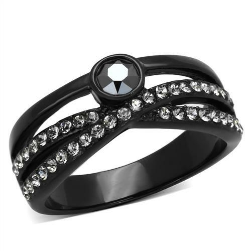 Women IP Black Stainless Steel Ring with Top Grade Crystal in Hematite