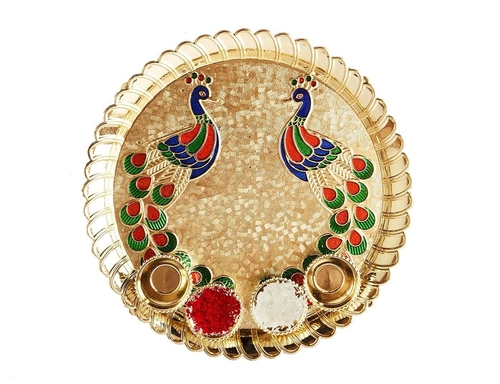 Decorative Pooja Thali with 2 Peacock Minakari work with Stone -