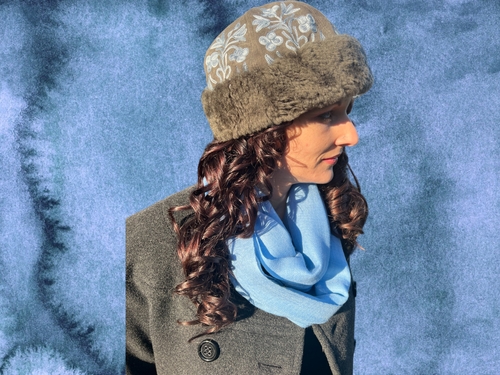 Handmade Suede Dark Gray and Blue Embroidered Hat