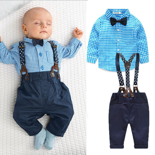 Baby Toddler Kids Boy 2 Pcs Bowtie Plaid Tops Long