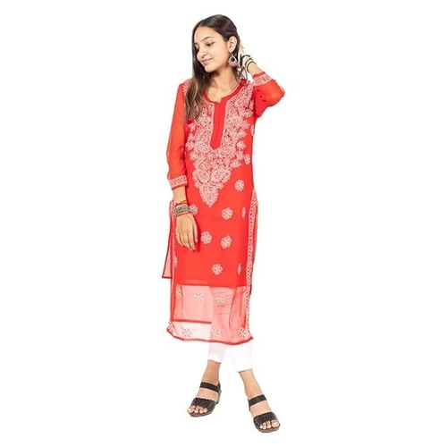Chikankari Georgette Kurti for Girls & Women (Size-S) (Color-RED)