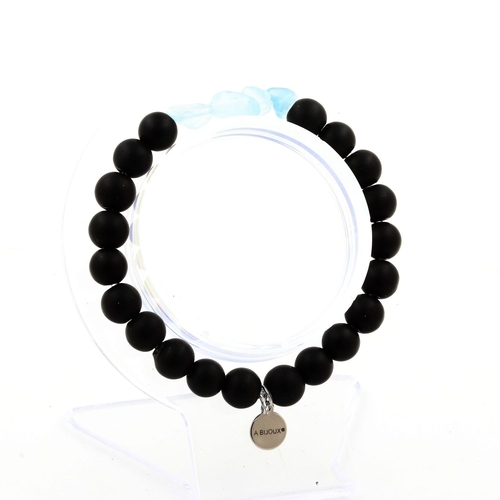 Aquamarine from Brazil + Matte black Onyx Bracelet 8 mm Beads.