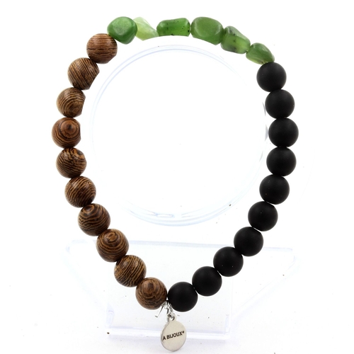 Nephrite Jade + Matte Black Onyx + wood Bracelet 8 mm Beads.
