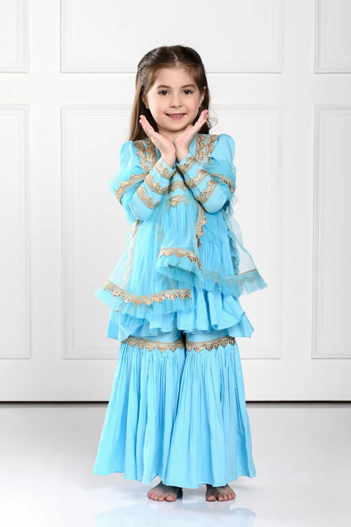 GIRLS ETHINIC FLARED SUIT SET (SIZE-3-4yr) (COLOR-TURQUOISE)