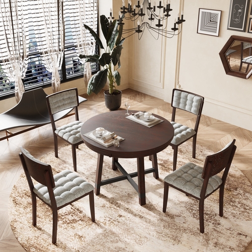 Rustic 42inch Round Dining Table Set with Cross Legs and Upholstered