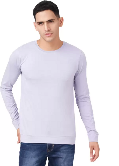 Men Solid Full Sleeves Round Neck Cotton Light Purple T-Shirt (Size