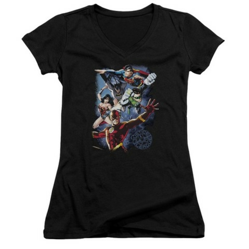 Trevco Jla-Galactic Attack Color Junior V-Neck Tee- Black - Large